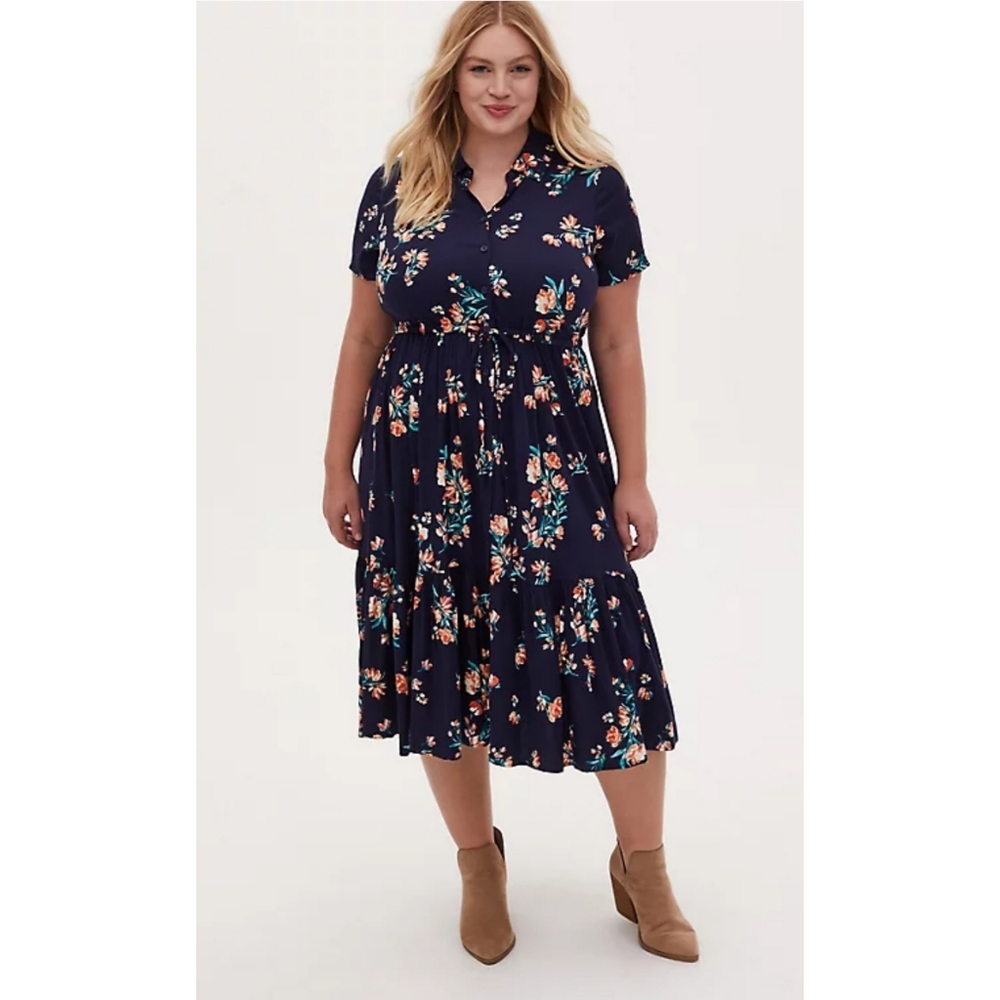 [torrid] Navy Floral Challis Midi Shirt Dress